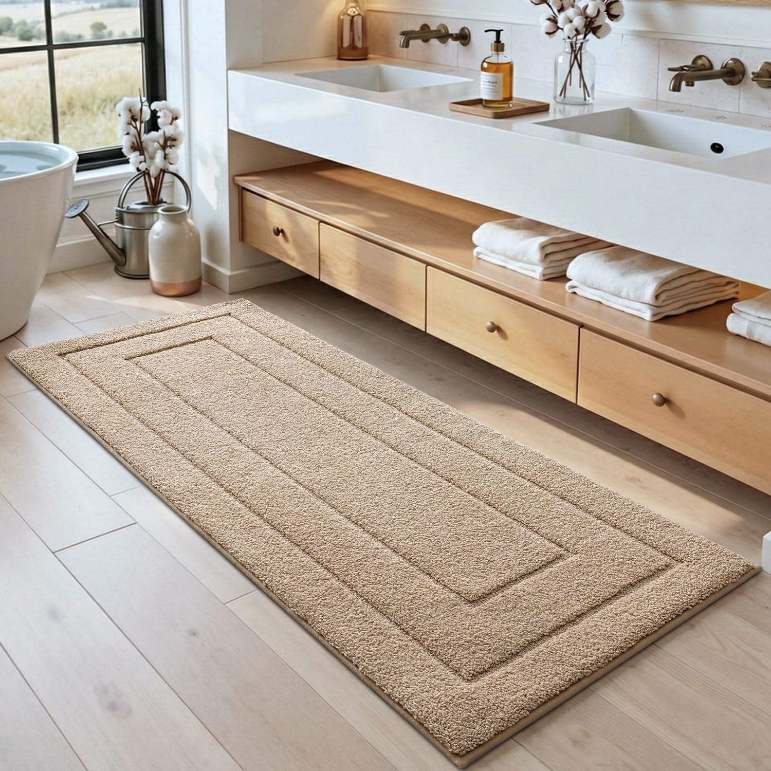 DEXI rug highlights quick-dry microfiber technology for fast water removal.