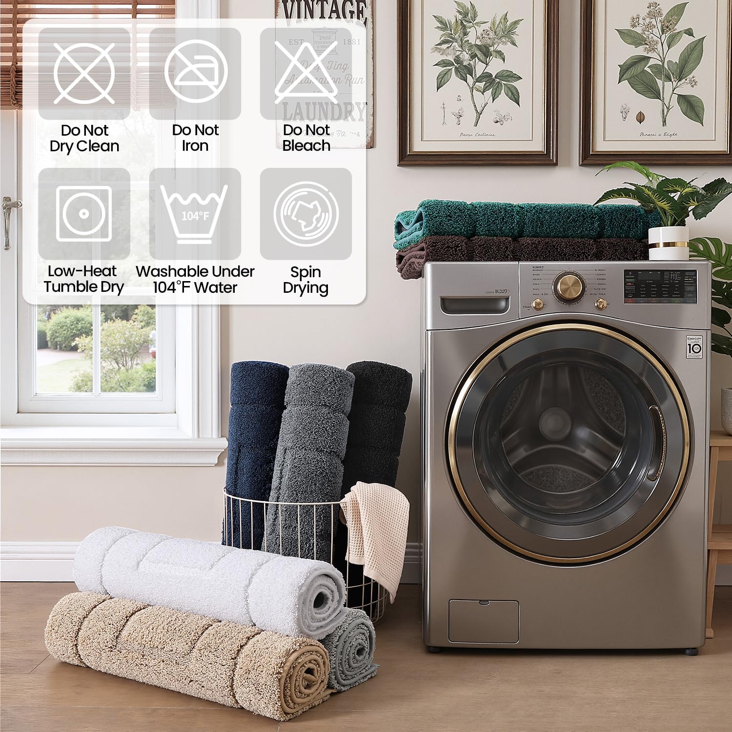 DEXI beige rug styled in a coordinated bathroom scene