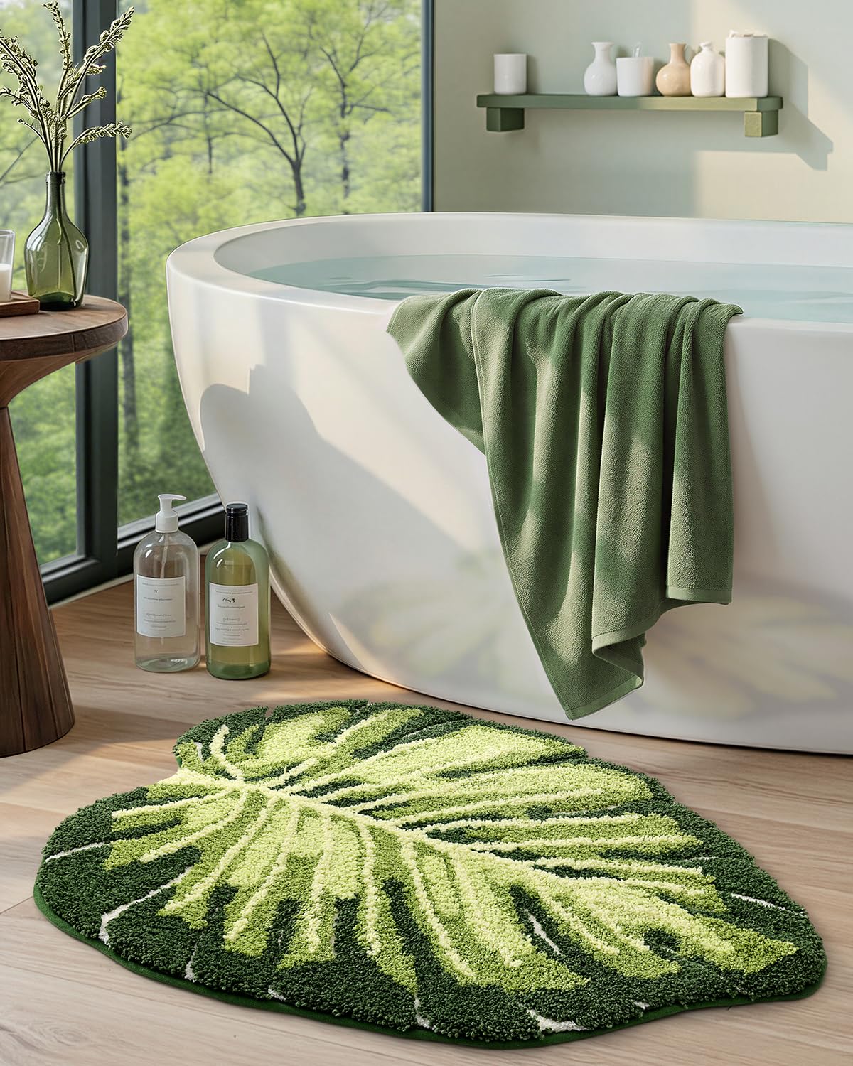 DEXI Monstera leaf rug in bathroom scene, stylish decor touch.