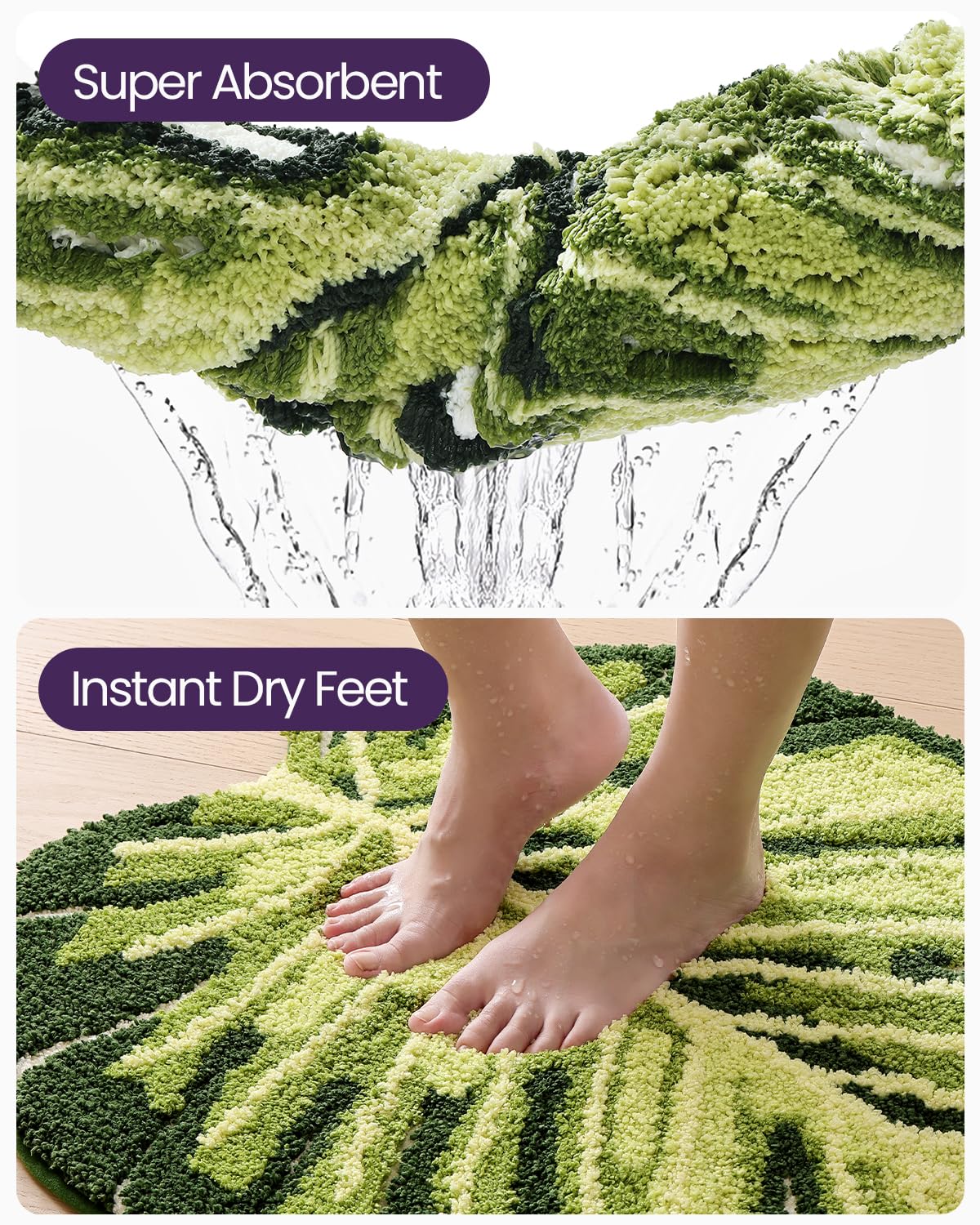 DEXI Monstera leaf rug in green tones, complements modern bathrooms.