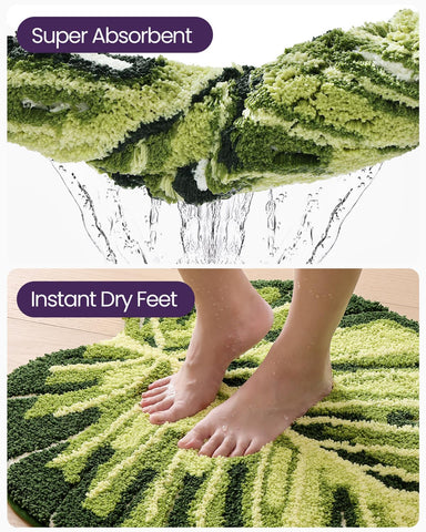 DEXI Monstera leaf rug in green tones, complements modern bathrooms.