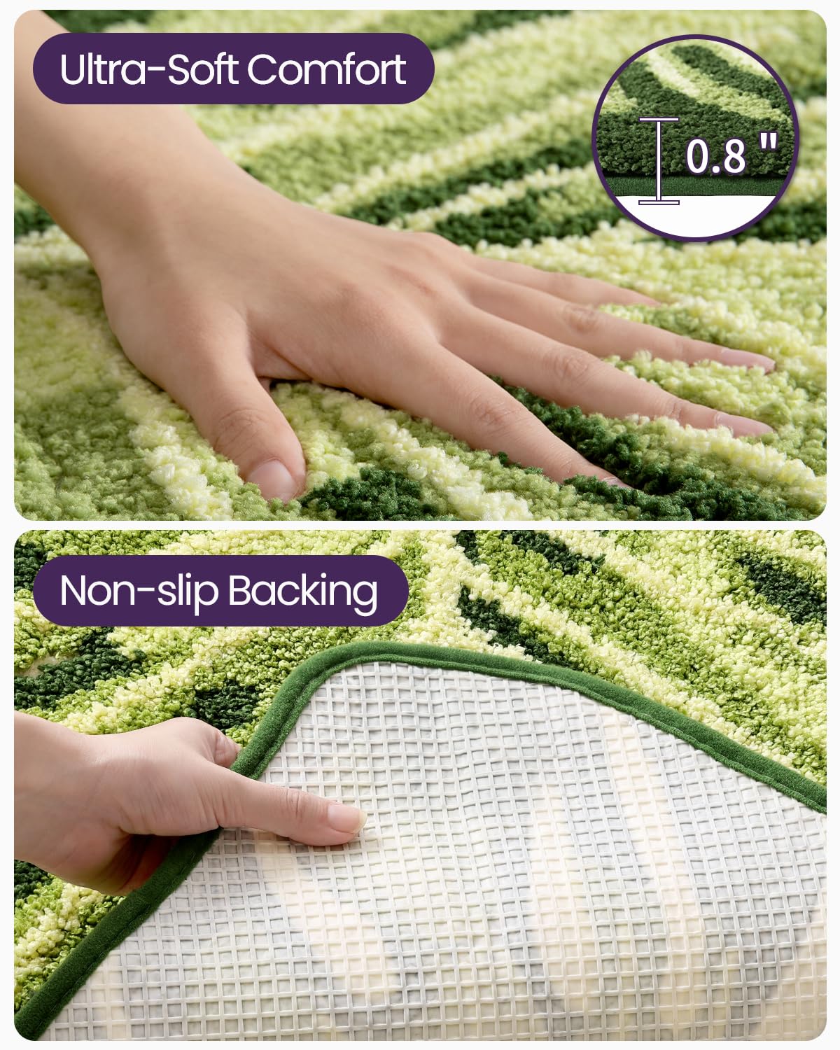 DEXI Monstera leaf rug soft texture, underfoot comfort emphasis.