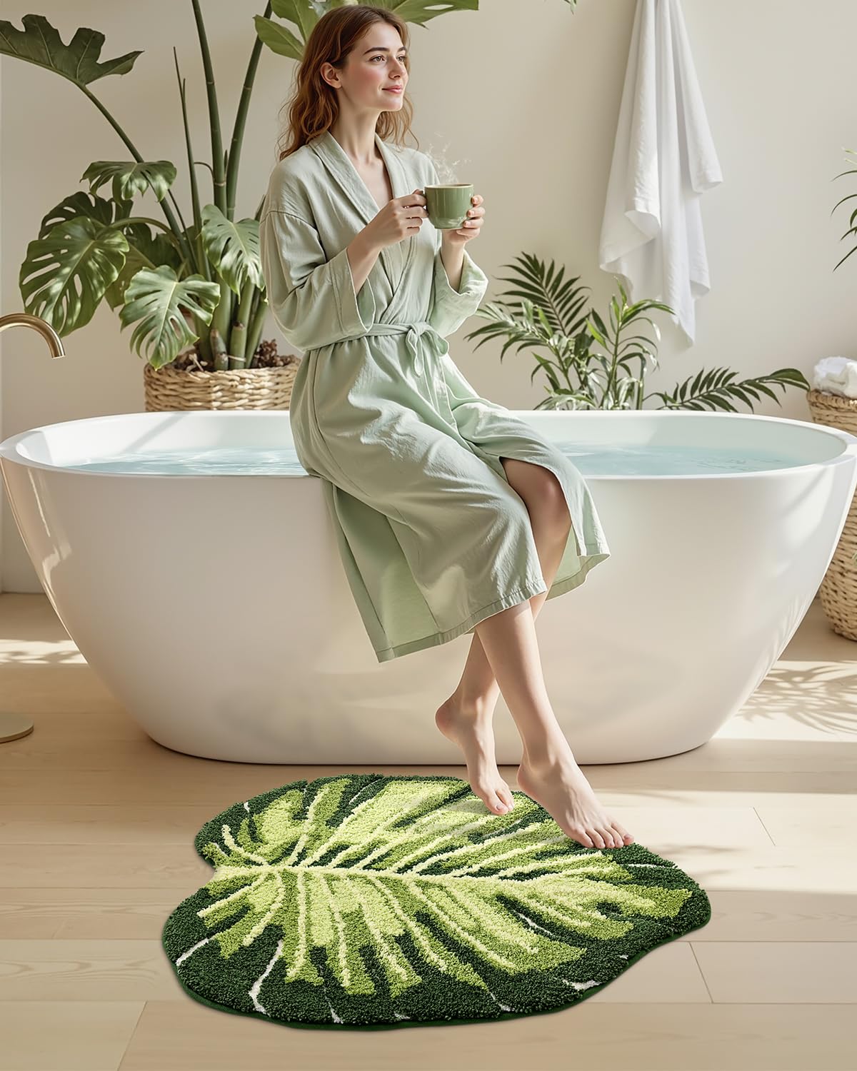 DEXI Monstera leaf rug on tub edge, chic design highlight.