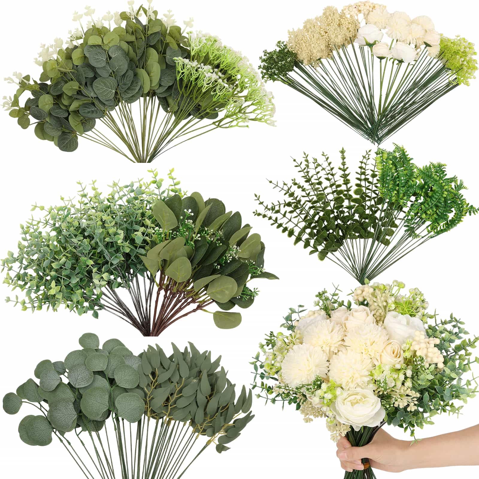Dexpinzo 120pcs mixed artificial eucalyptus stems for wedding and home decor.