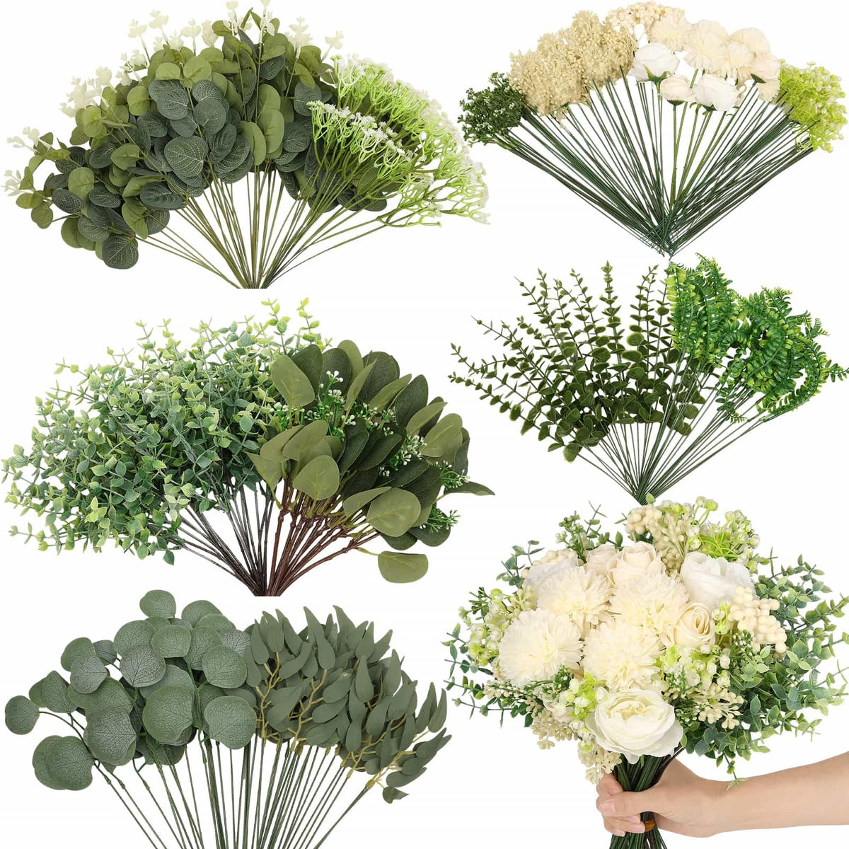 Dexpinzo 120pcs mixed artificial eucalyptus stems for wedding and home decor.