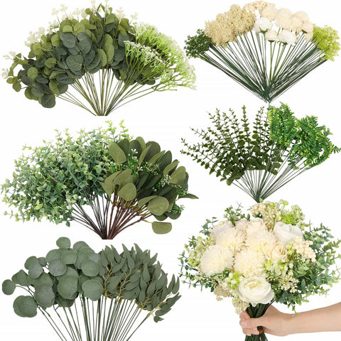 Dexpinzo 120pcs mixed artificial eucalyptus stems for wedding and home decor.