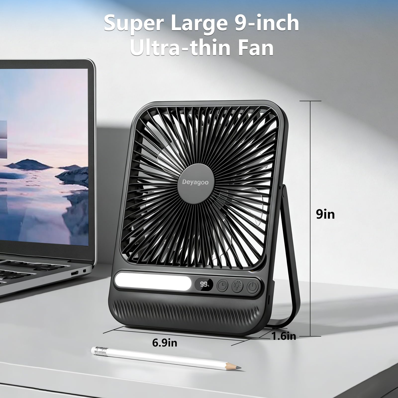 Deyagoo Travel Fan 7-inch LED display showing battery and speed