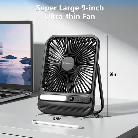 Deyagoo Travel Fan 7-inch LED display showing battery and speed