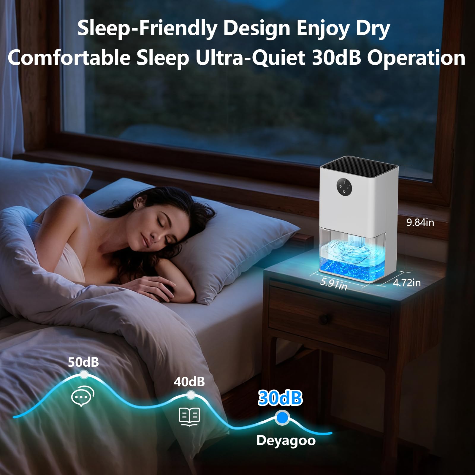 Deyagoo dehumidifier color-light creates calming ambiance in bedrooms.