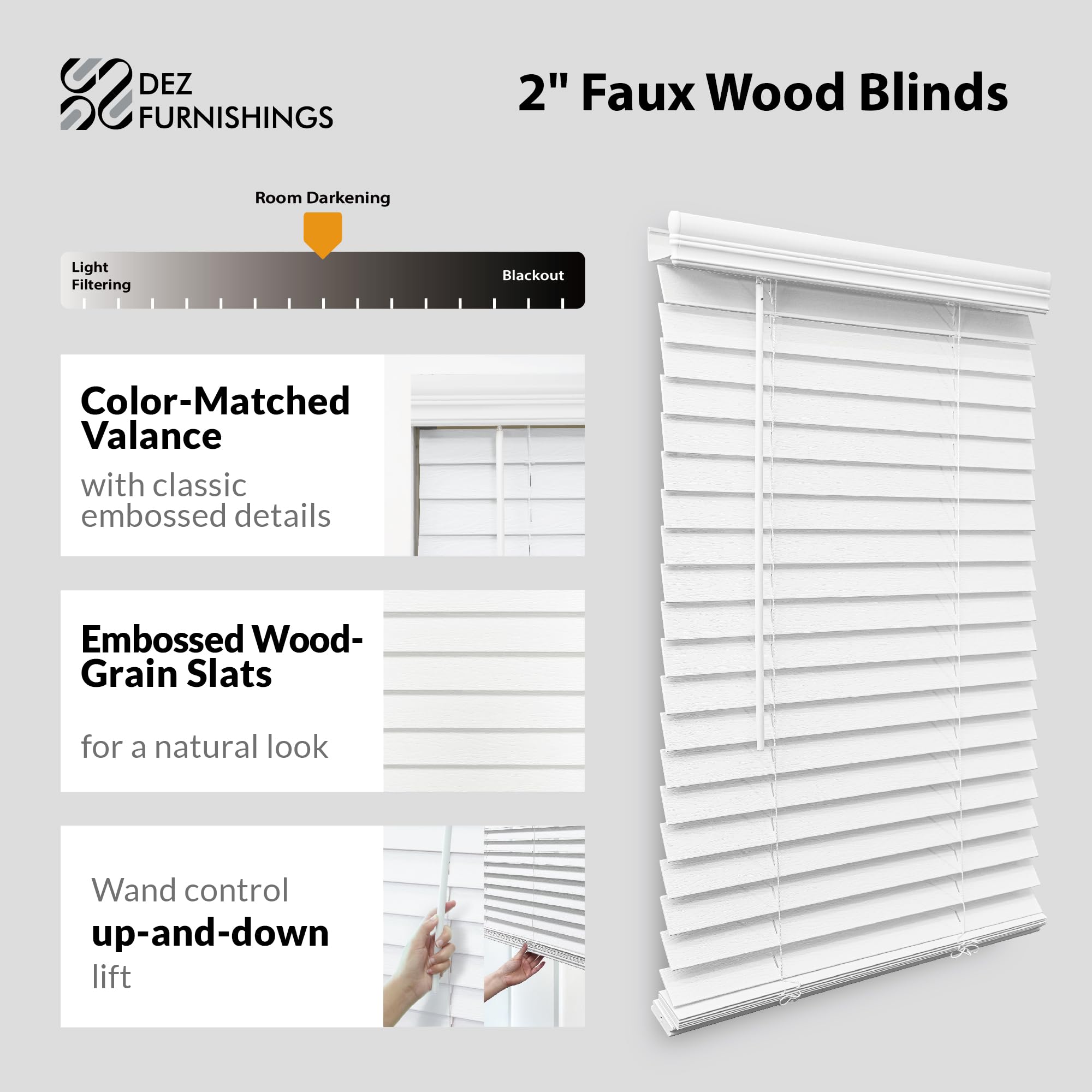 Close-up of wood-grain PVC slat on DEZ Furnishings cordless blind