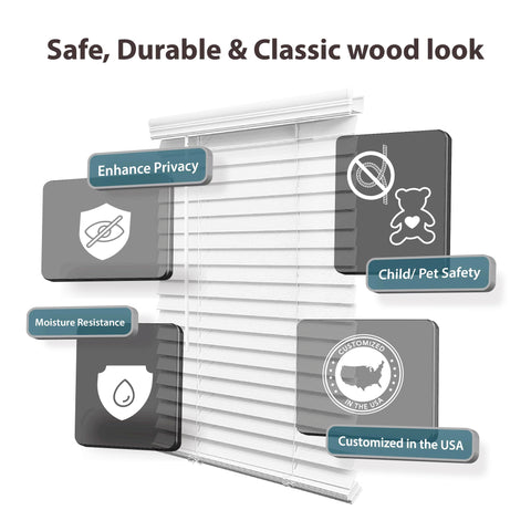 DEZ Furnishings cordless faux wood blind bottom rail close-up