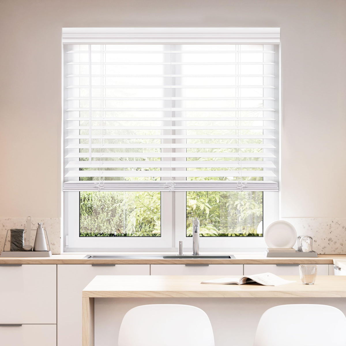 DEZ Furnishings cordless faux wood blind front view highlights privacy and light control