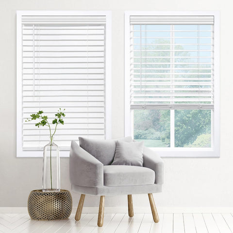 DEZ FURNISHINGS cordless faux wood blind with embossed white finish offers easy privacy