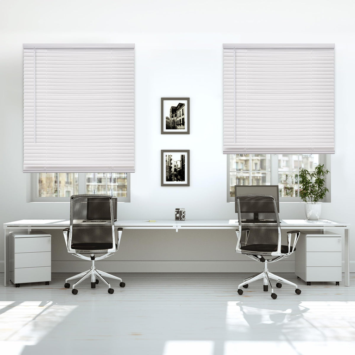 DEZ FURNISHINGS cordless mini blind pearl white slats closeup for light control