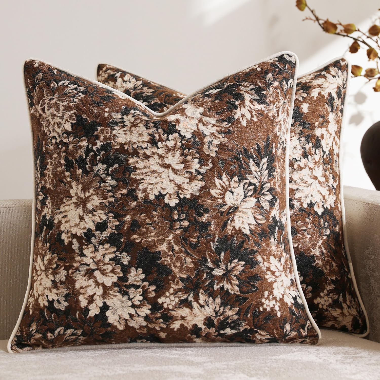 DEZENE vintage floral pillow cover 20x20 in dark brown adds rustic charm to your living room.