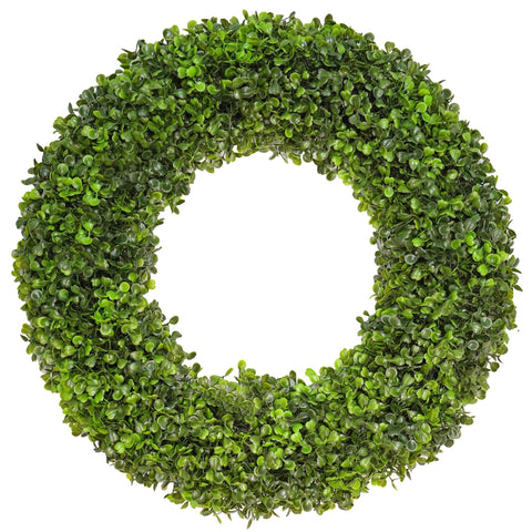 DFRREN 20-Inch Boxwood Wreath on front door adds year-round curb appeal.