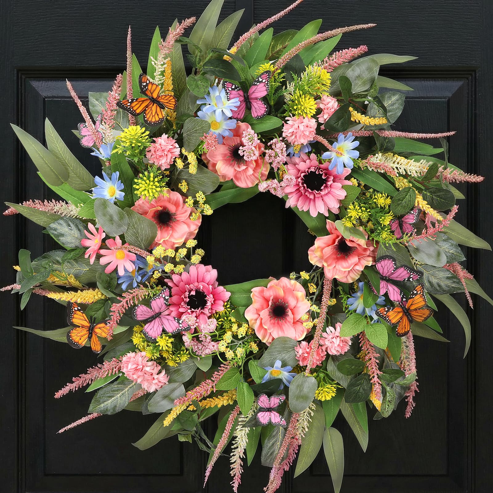 DFRREN 24-inch wreath with eucalyptus, pink blooms and butterflies enhances curb appeal.