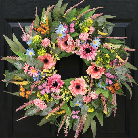 DFRREN 24-inch wreath with eucalyptus, pink blooms and butterflies enhances curb appeal.