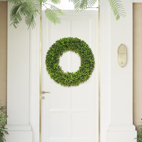 DFRREN foldable boxwood wreath stores flat for easy shipping and storage.