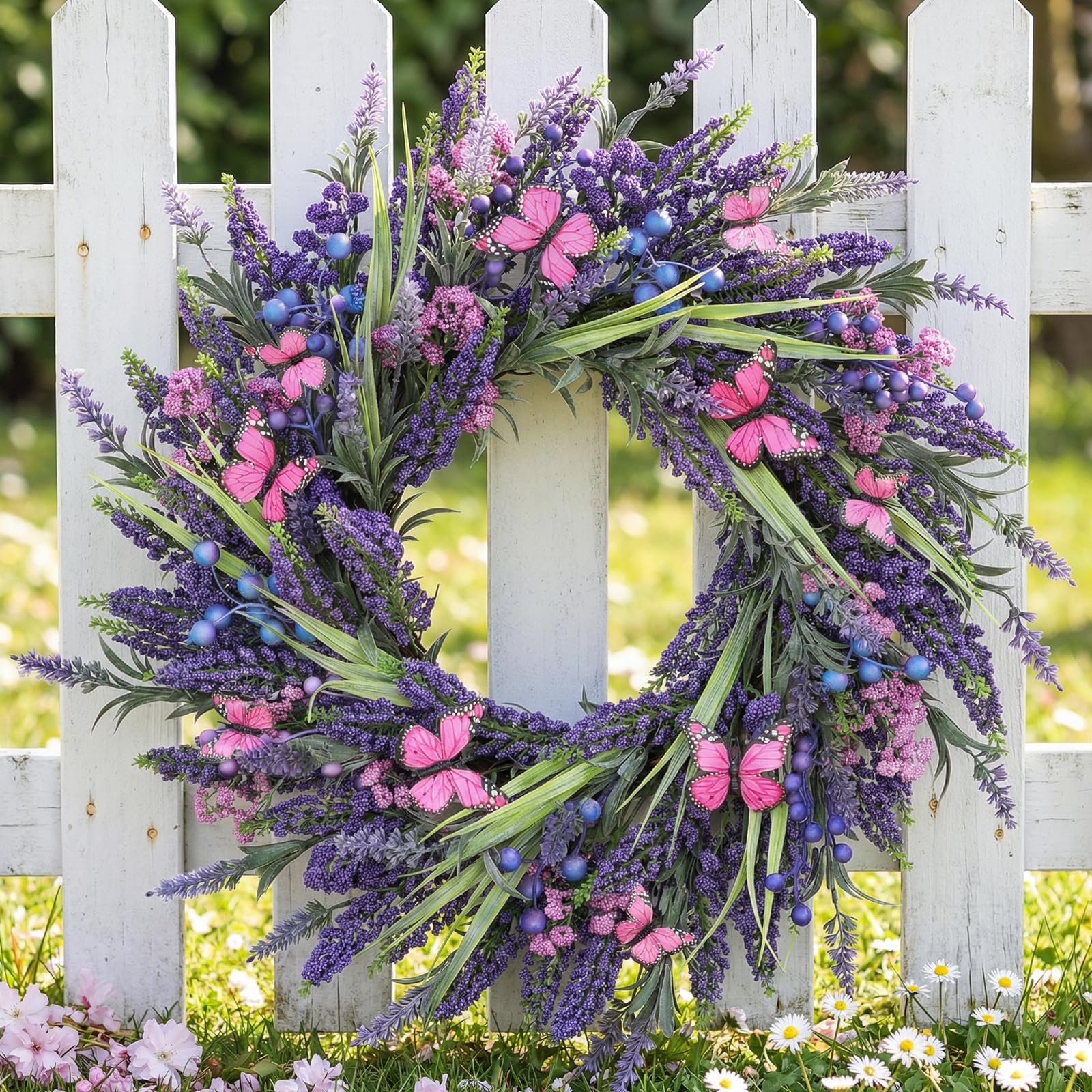 DFRREN Lavender sprigs wreath closeup highlighting lifelike texture and color.