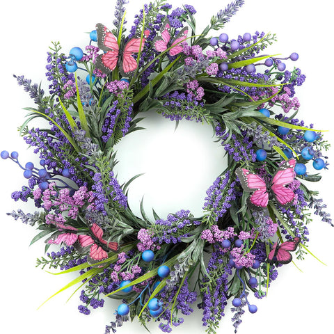 DFRREN Lavender Wreath 24 Front Door showcasing vibrant lavender for welcoming curb appeal.