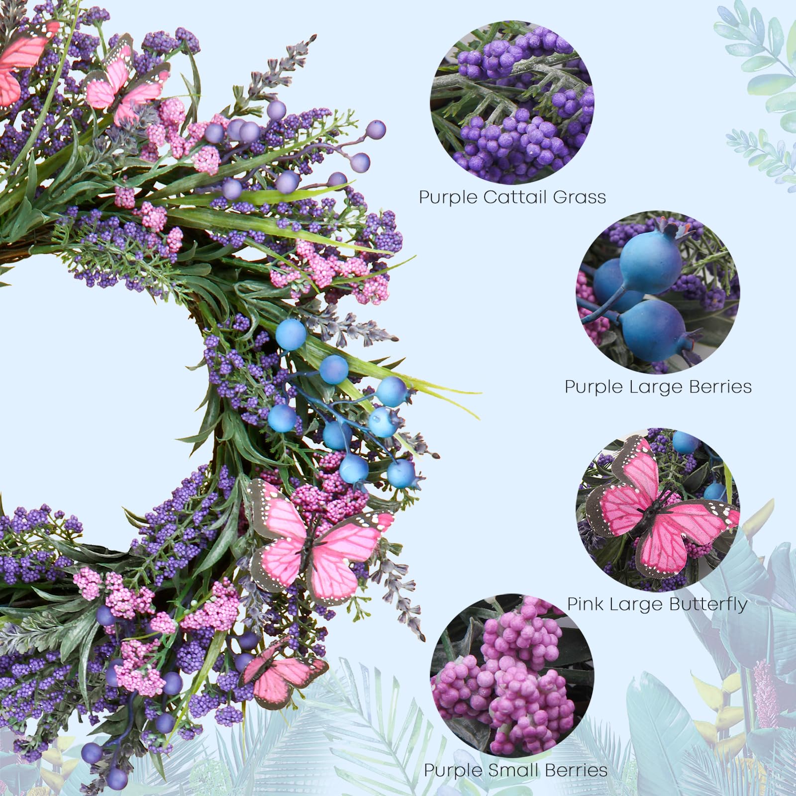 DFRREN Lavender Wreath with berries and butterflies enhances outdoor spaces.
