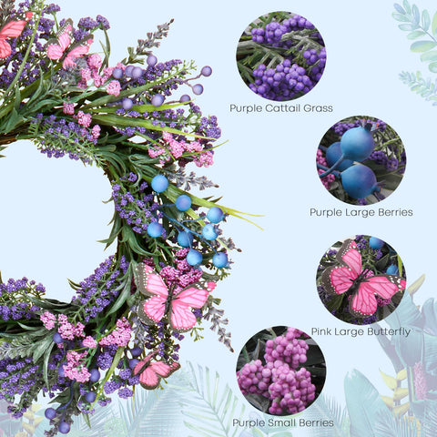 DFRREN Lavender Wreath with berries and butterflies enhances outdoor spaces.