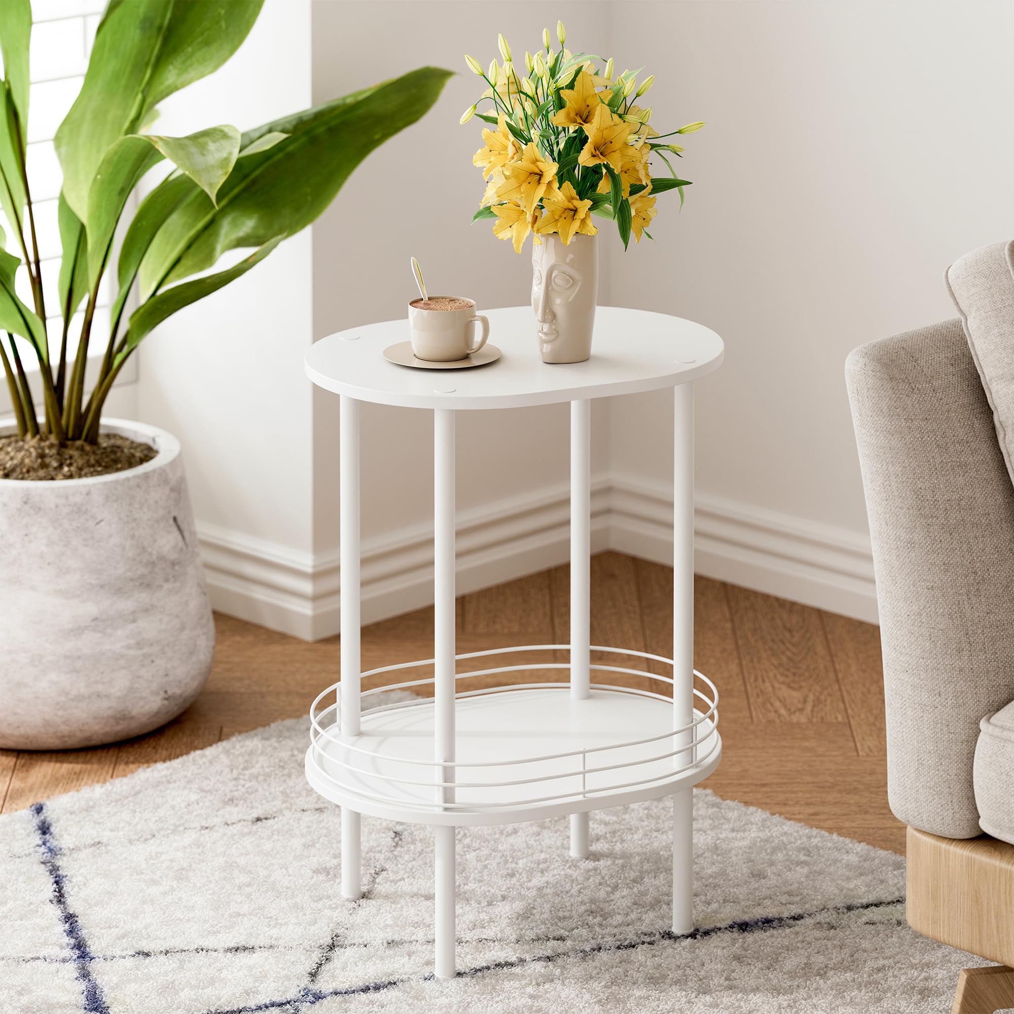 DGSANDGO oval side table front view emphasizes slim footprint and white finish