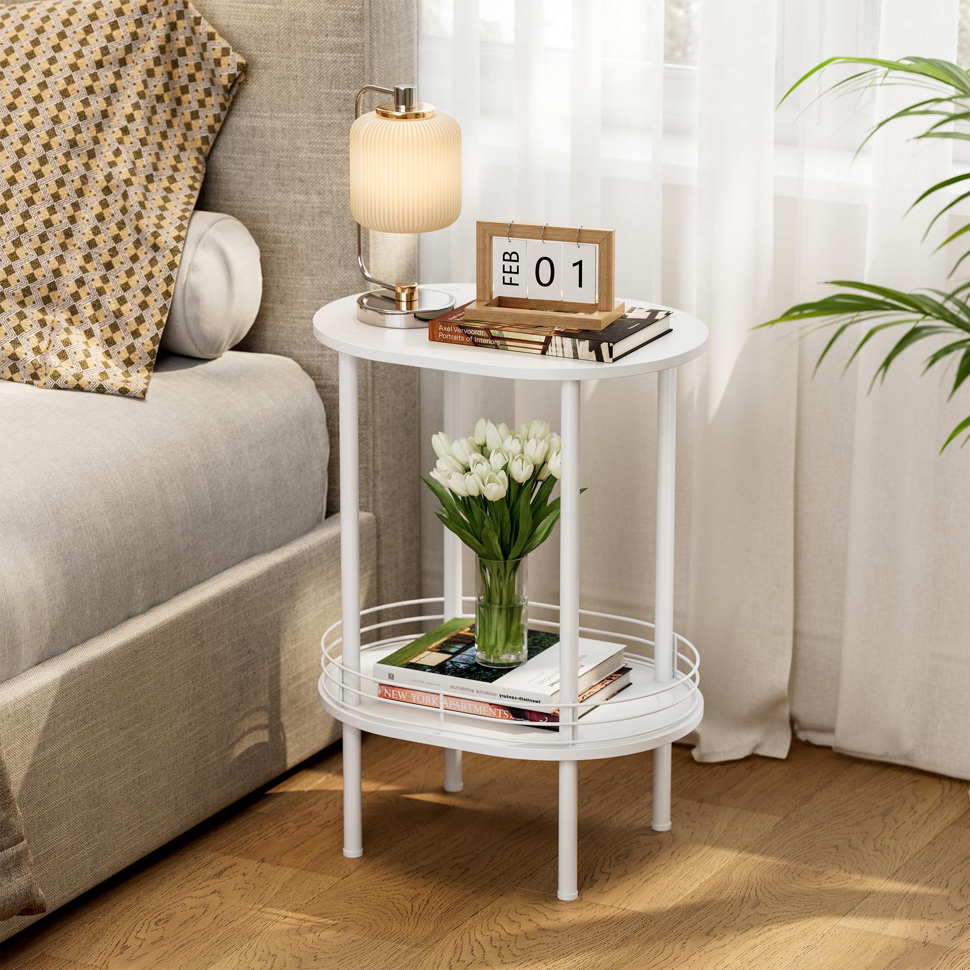 DGSANDGO oval side table top view with two-tier storage for compact spaces