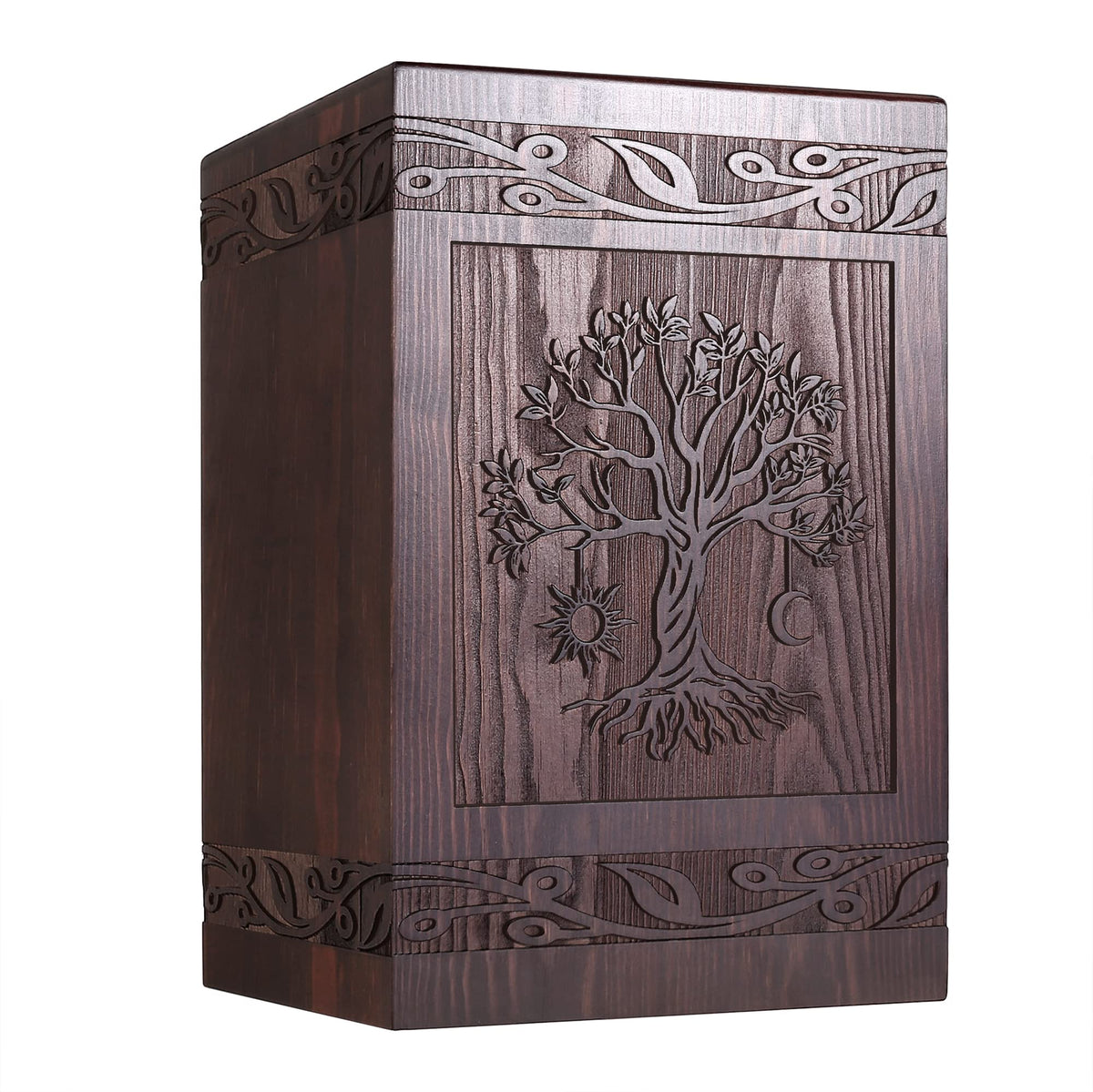 DGDCDV Tree of Life urn closeup shows rich wood texture for a timeless memorial.