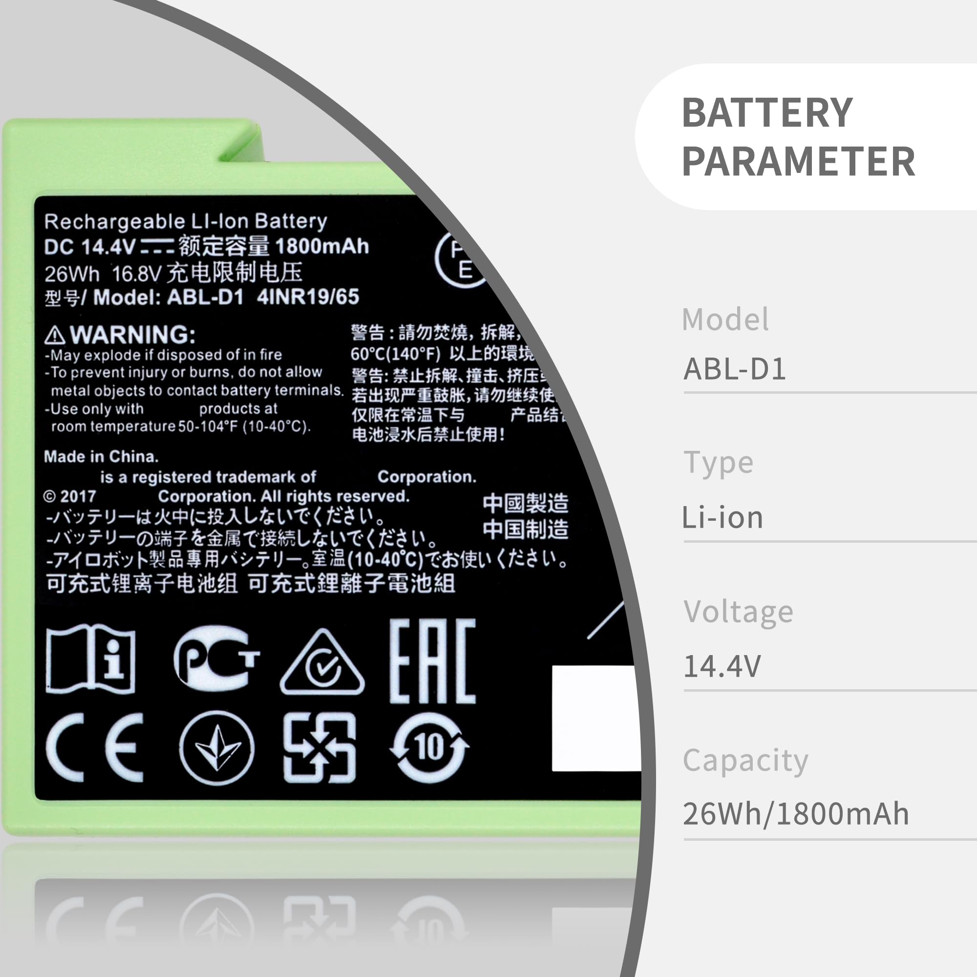 DGFTB Roomba battery back view with circuit protection for safer use