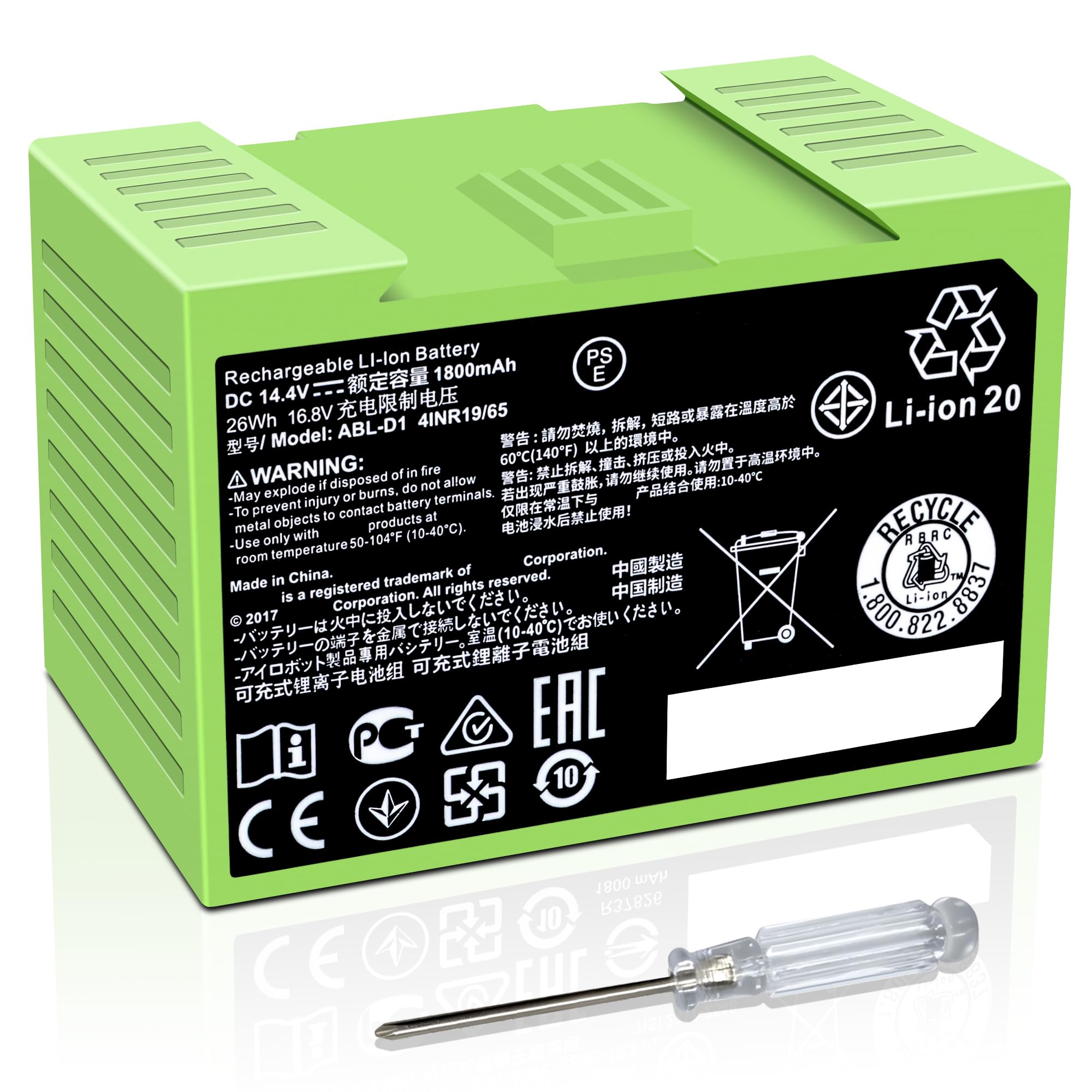 DGFTB Roomba battery front view with ABL-D1 for extended cleaning
