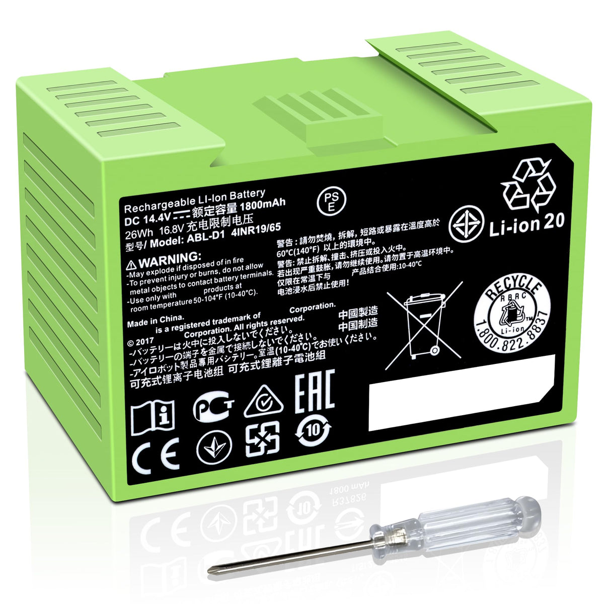 DGFTB Roomba battery front view with ABL-D1 for extended cleaning