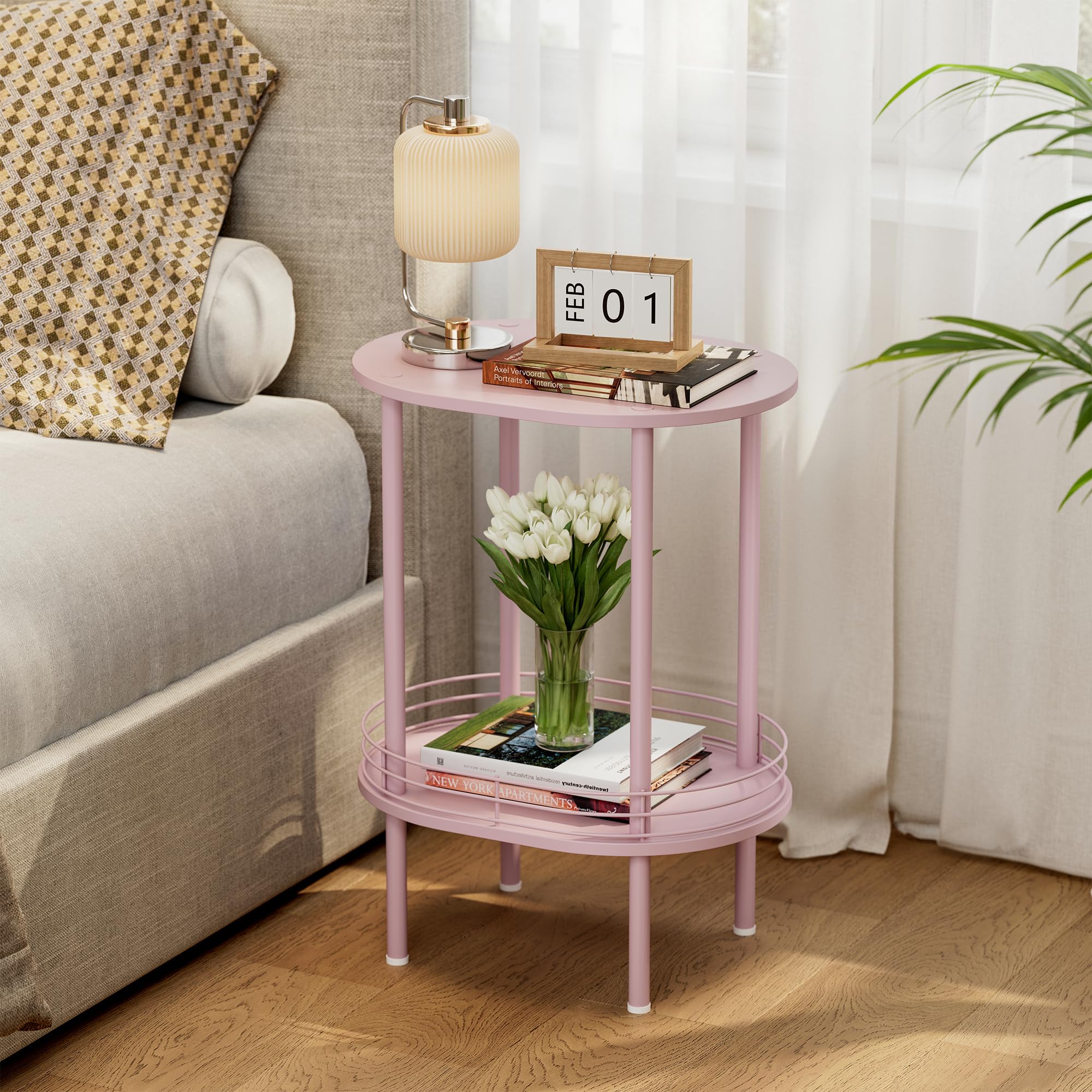 DGSANDGO pink oval side table top view shows compact two-tier storage for small spaces.