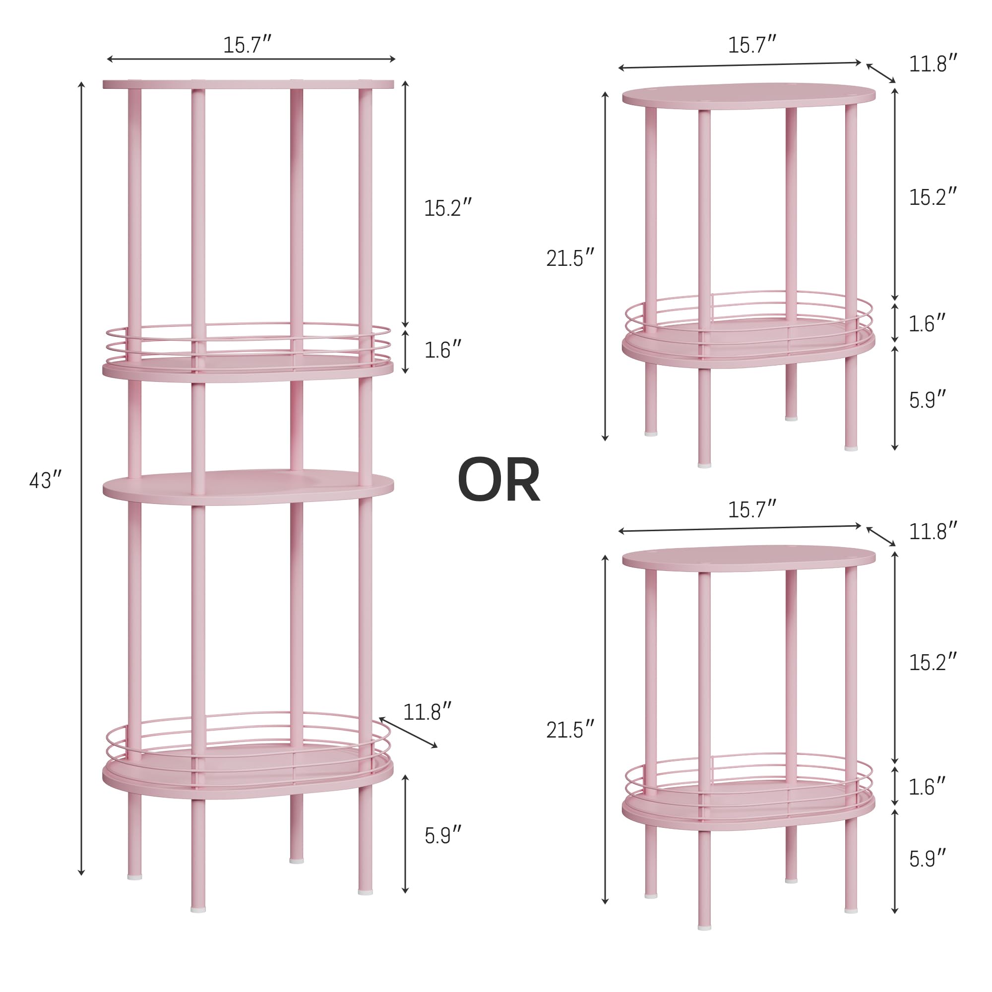 DGSANDGO pink oval side table with two open shelves ideal for living room organization.