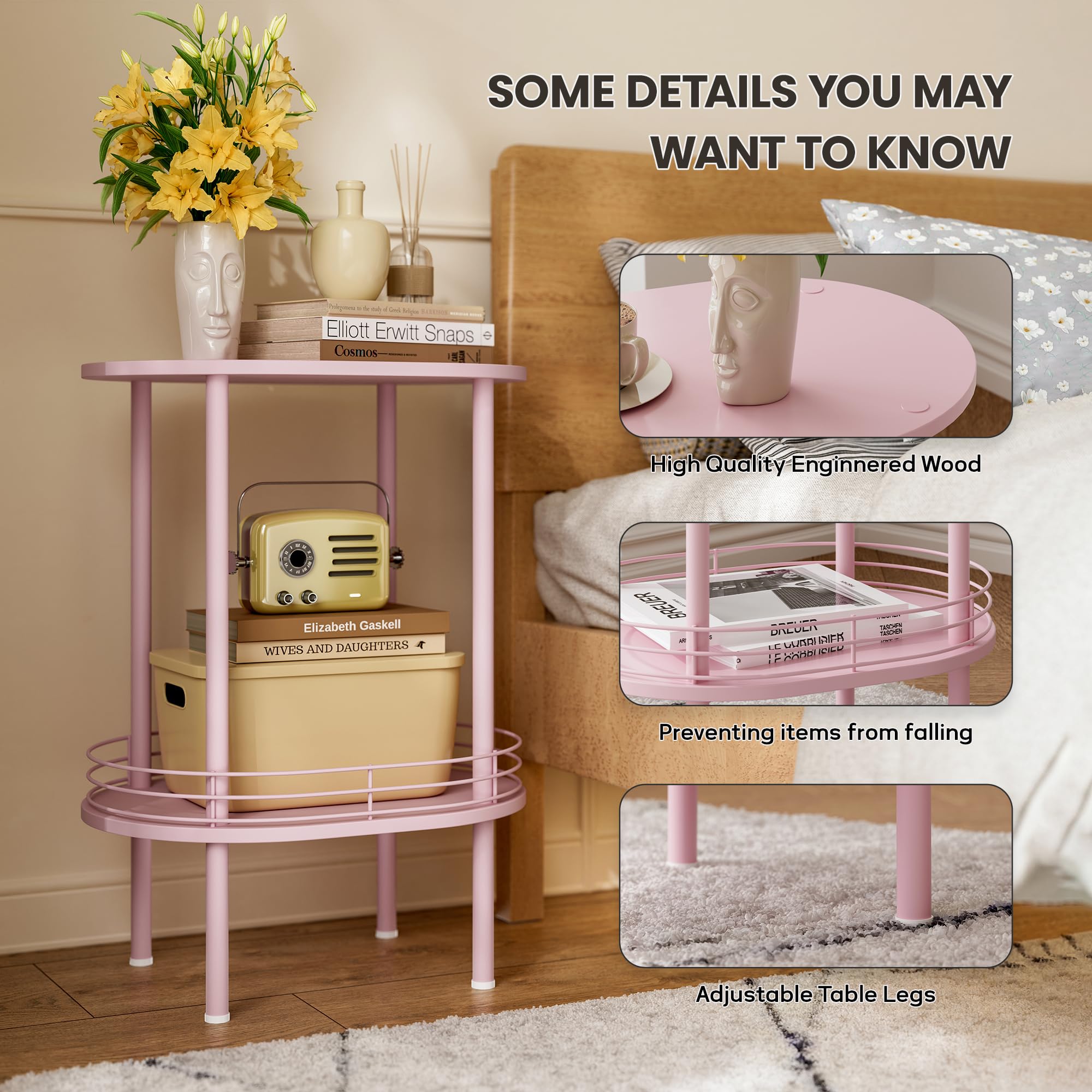 DGSANDGO pink oval side table assembly steps showing quick setup.