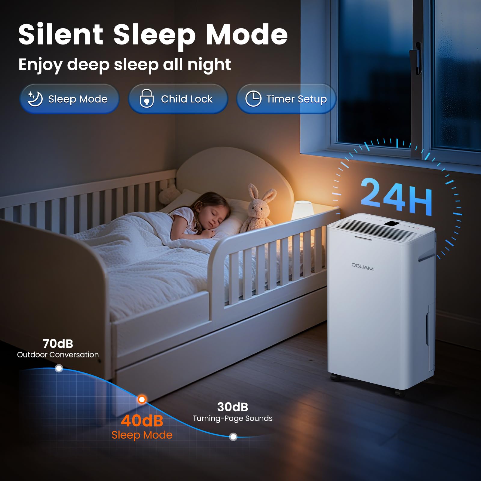 DGUAM drain-hose dehumidifier enables continuous drainage for hands-free maintenance.