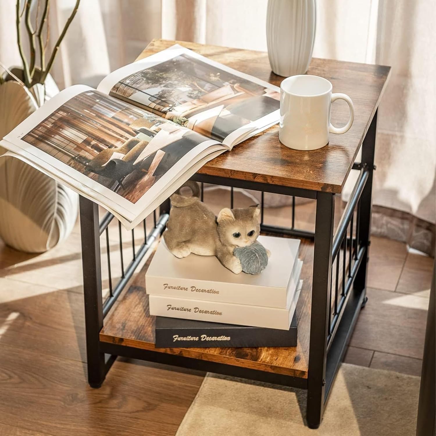 DHMAKER end table with two-tier storage, side view, keeps books and gadgets organized.
