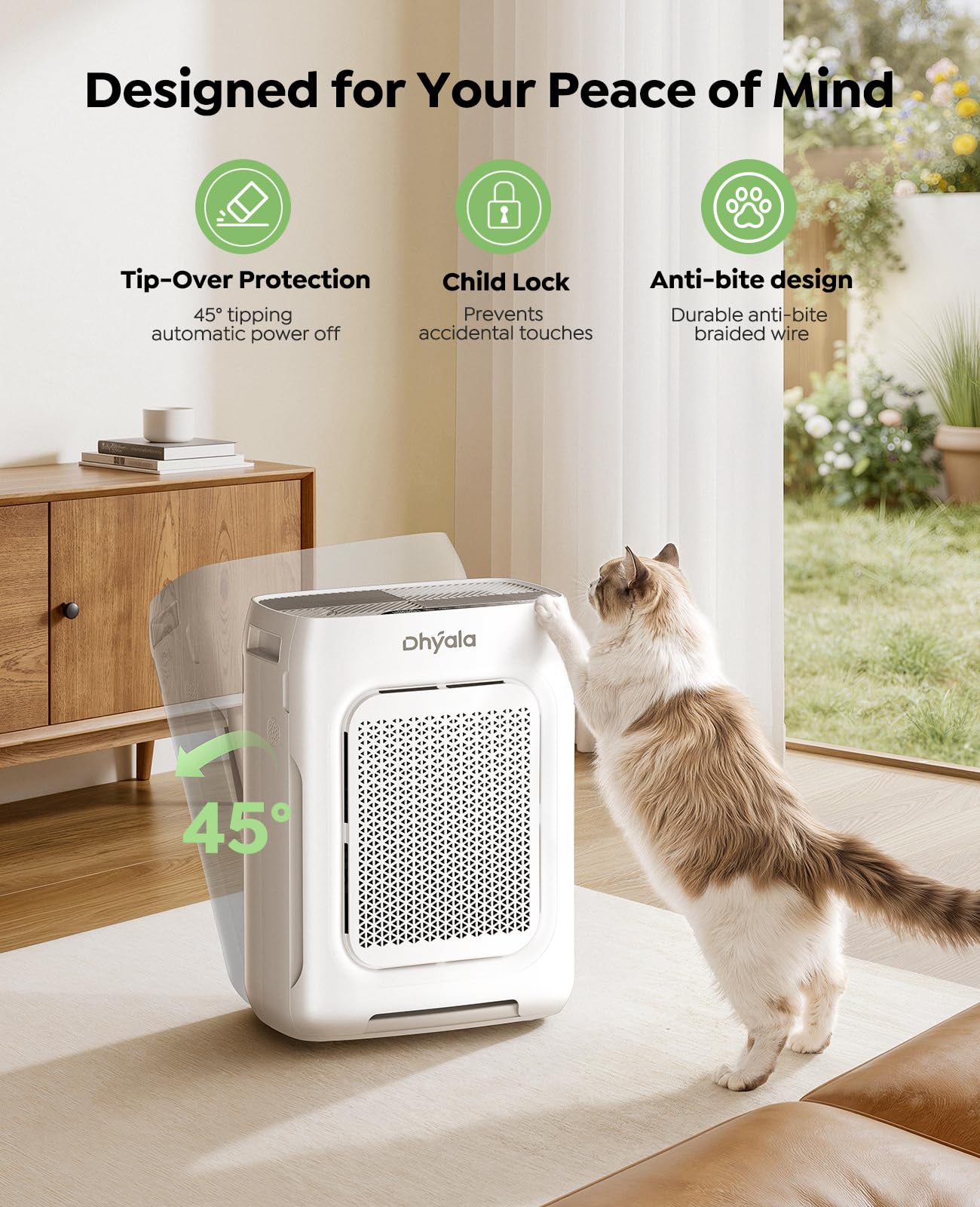 Dhyala air purifier in a bright living room demonstrating large-room coverage