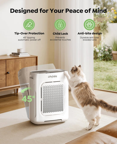 Dhyala air purifier in a bright living room demonstrating large-room coverage