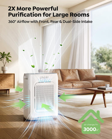 Dhyala air purifier rear view showing dual intake design