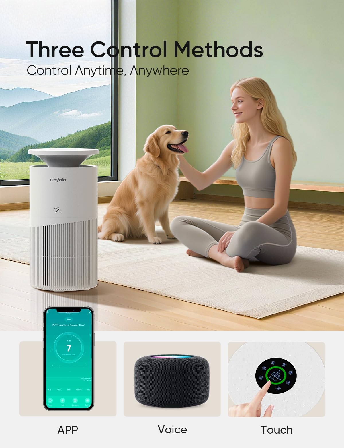 Dhyala smart Wi-Fi connectivity enables remote control and voice assistant integration.