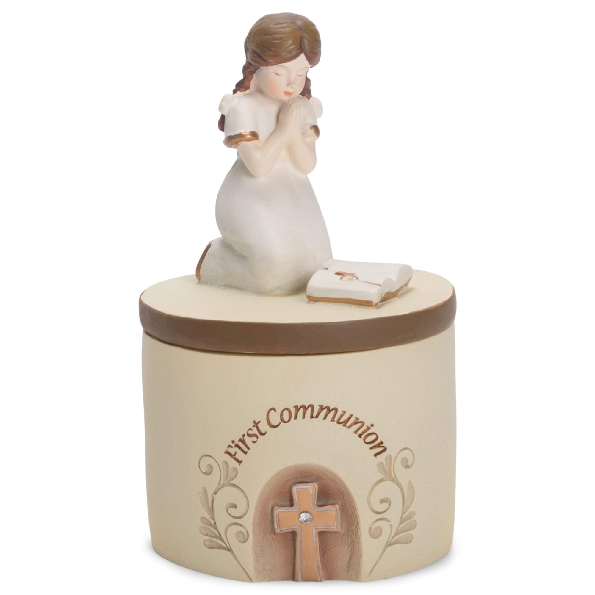 Dicksons First Communion praying girl resin keepsake box close-up for mementos.