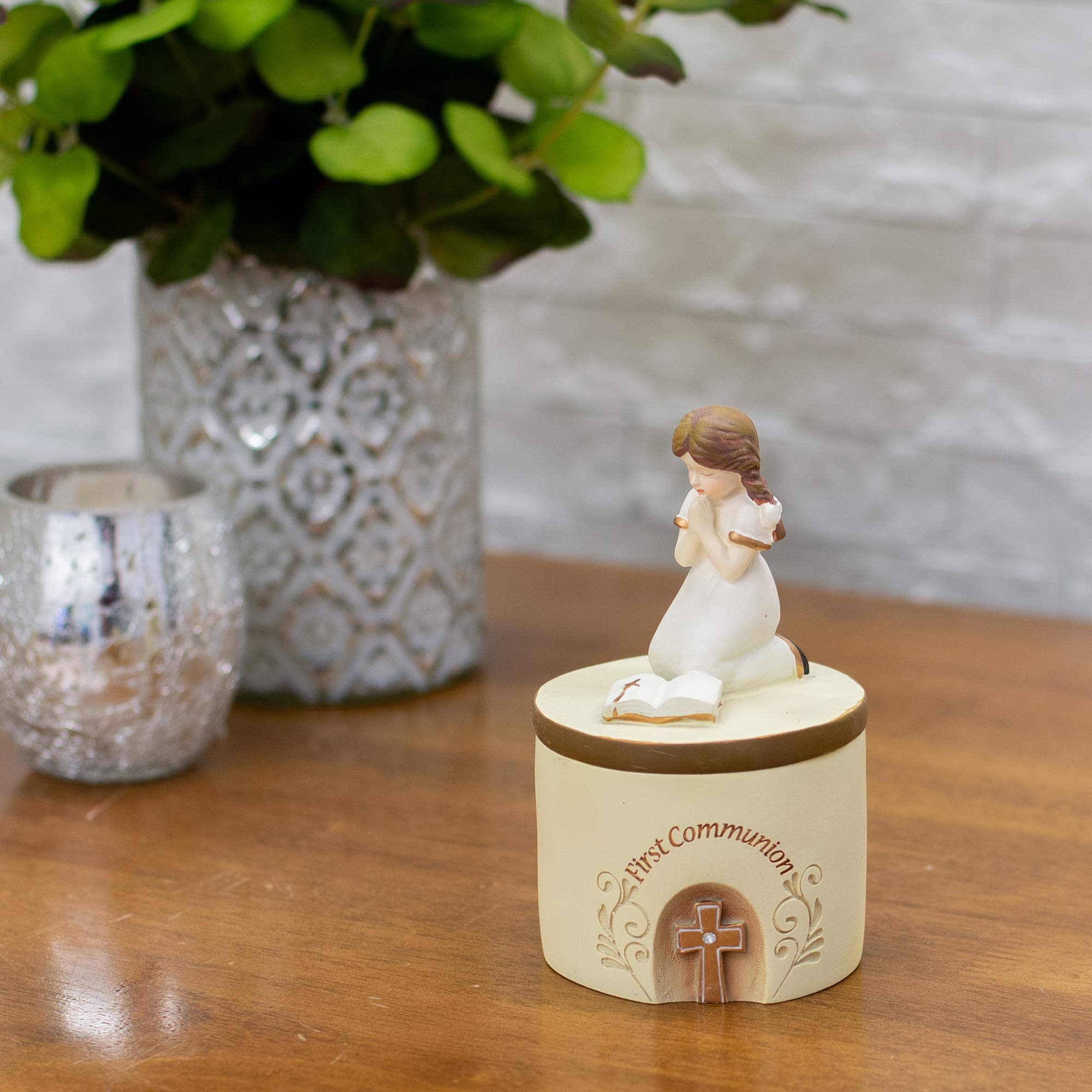 Dicksons First Communion praying girl keepsake box side view emphasizes compact height.