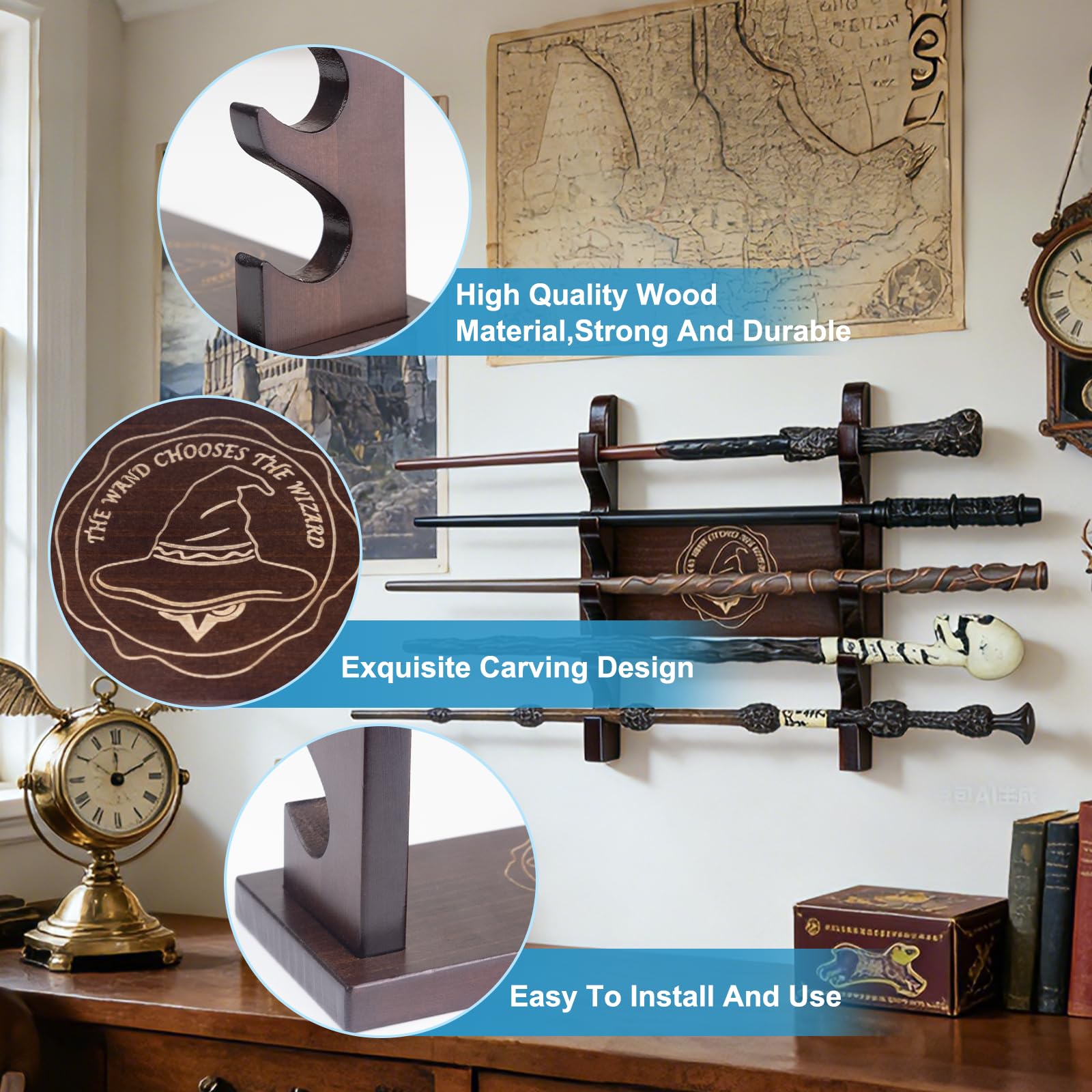 DigNew carved wood wand holder close-up highlighting craftsmanship and finish.