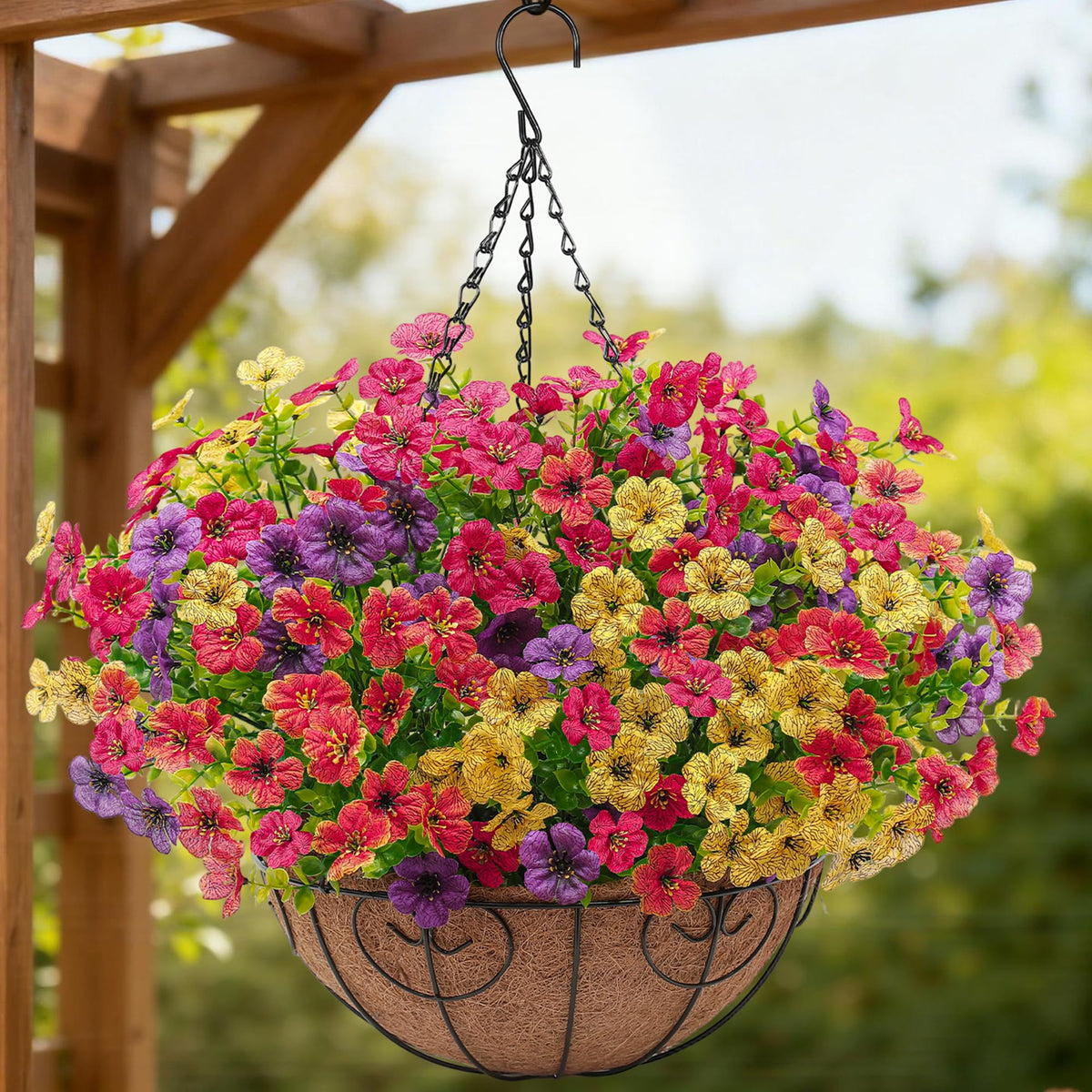 Digtecno artificial hanging flowers basket outdoors with UV-resistant blooms for year-round color.
