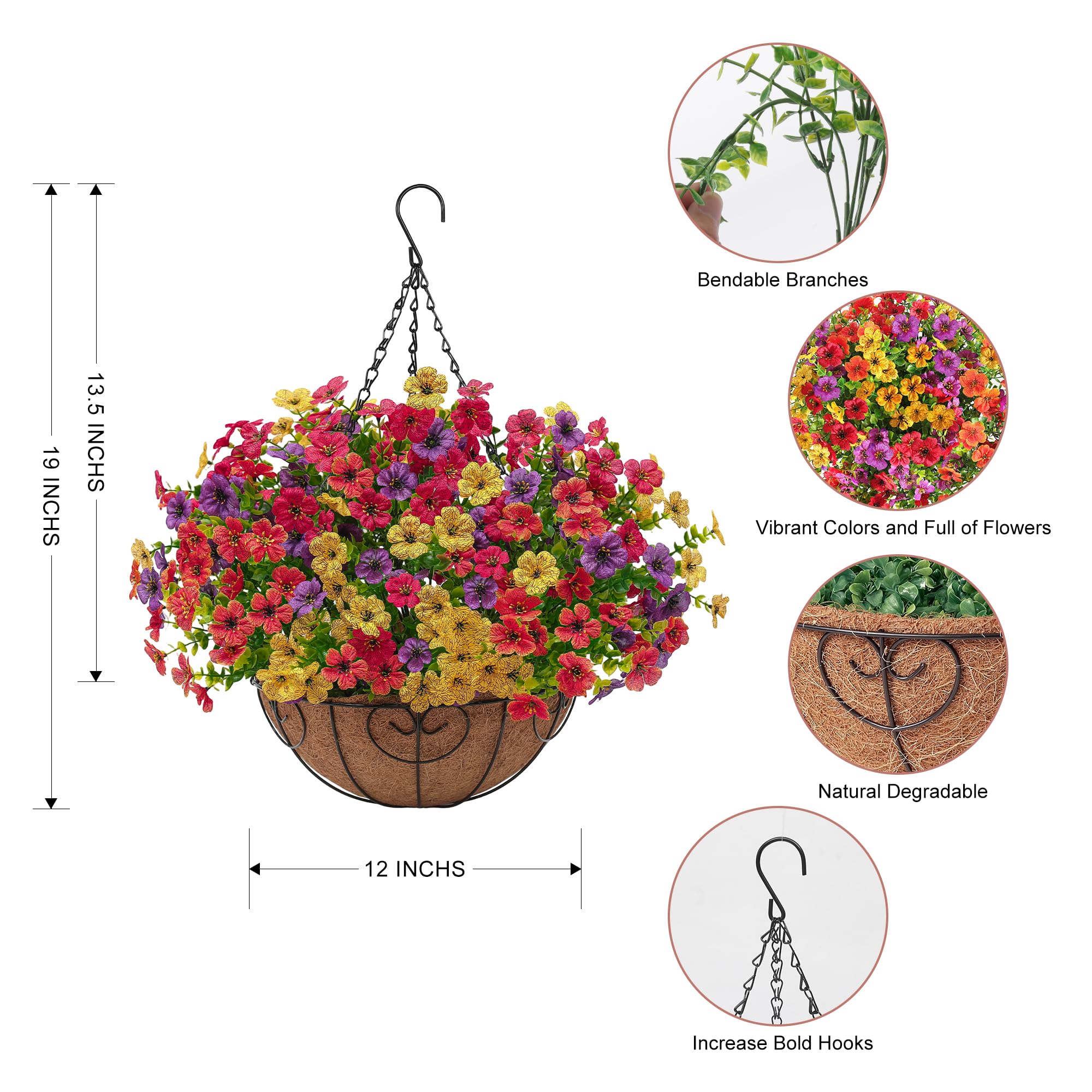 Digtecno outdoor patio decor with colorful faux flowers on a hanging planter.