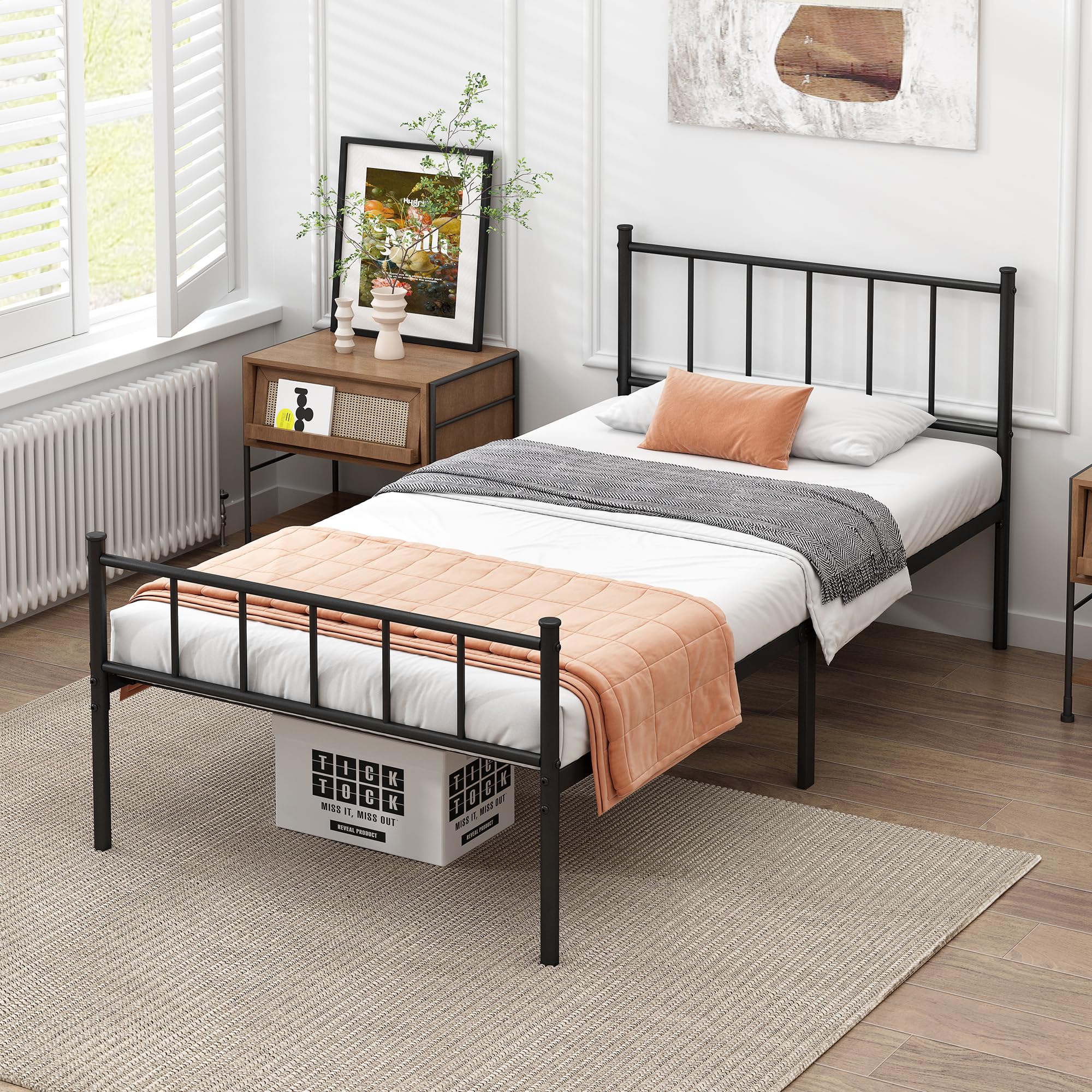 DIIYIV twin bed frame front view highlights solid, wobble-free construction for safe sleeping