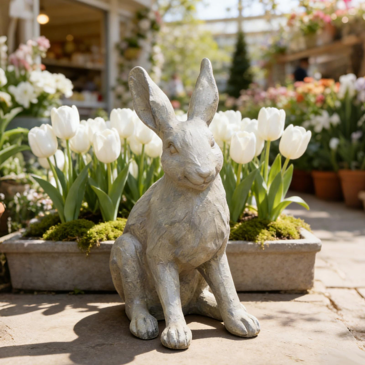 DiliComing grey resin rabbit garden statue for durable outdoor decor.