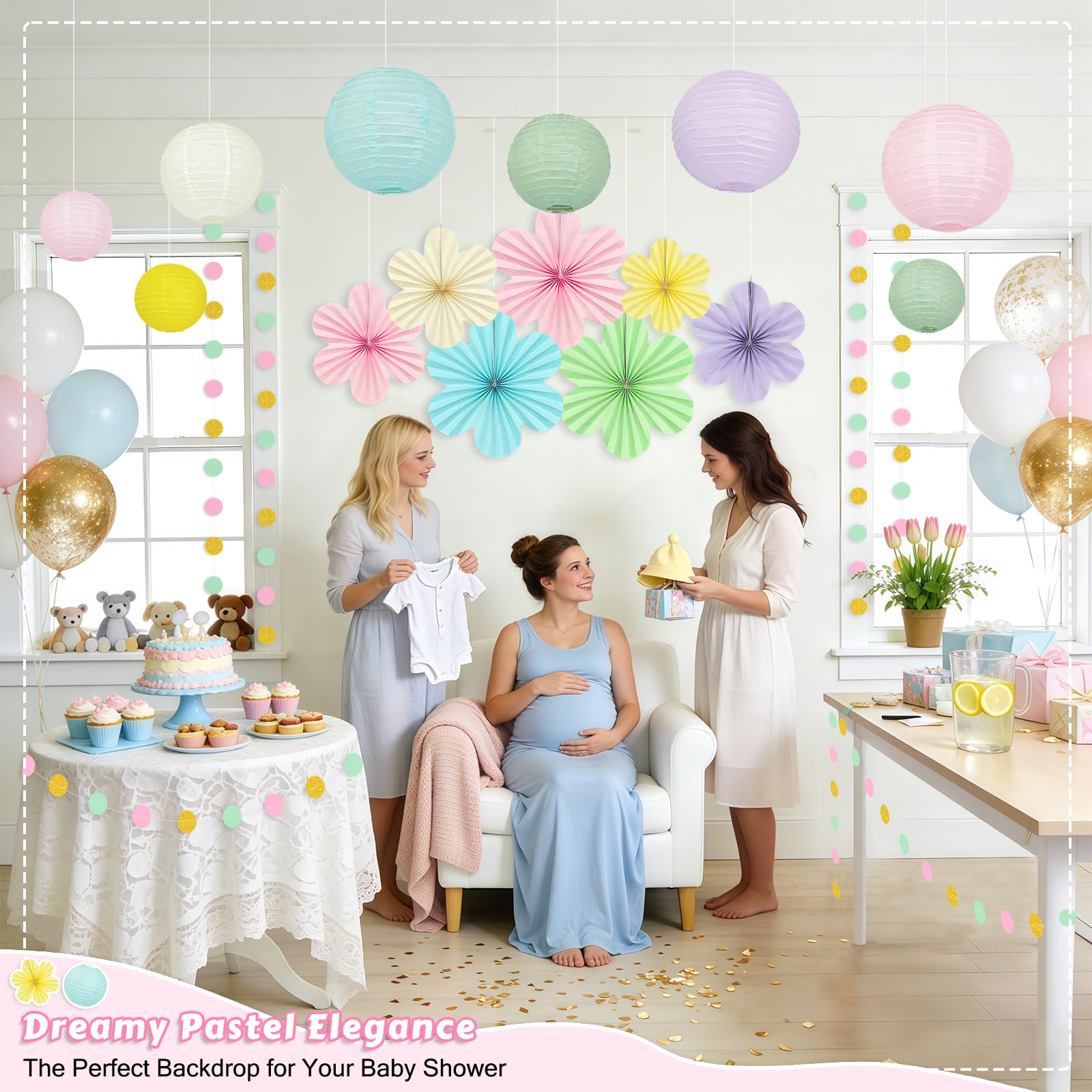 Dimhut glitter garland enhances backdrop with subtle gold sparkle.